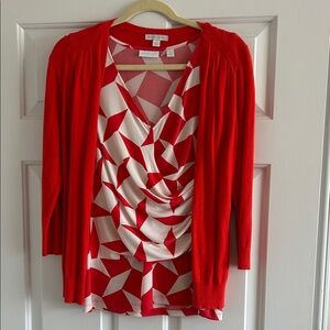New York & Company orange and White Geometric Draped Blouse with orange Cardigan